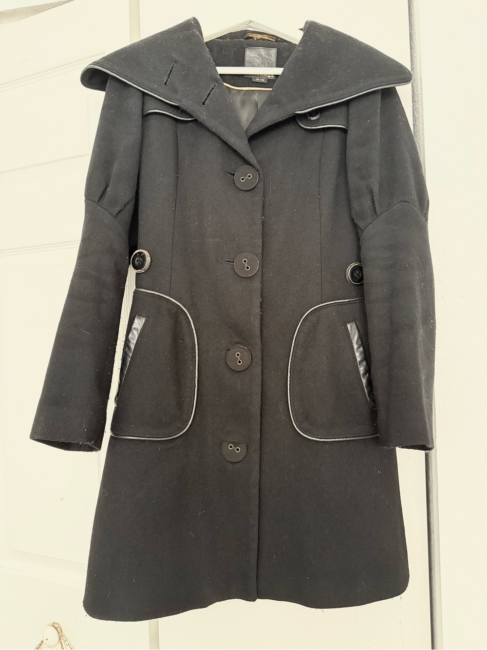 Mackage Black Wool-Blend Pea Coat with Contrast Piping